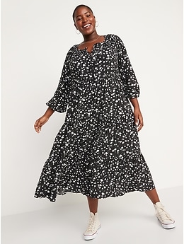 Long-Sleeve Floral-Print Tiered Midi Swing Dress for Women