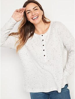 Long-Sleeve Waffle-Knit Henley Tunic T-Shirt for Women