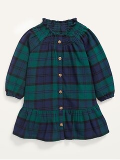 Plaid Flannel Smocked-Neck Button-Front Dress for Toddler Girls