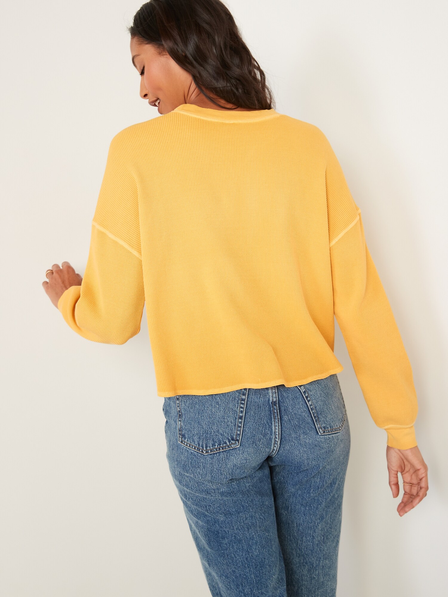 Long-Sleeve Cropped Waffle-Knit Easy T-Shirt for Women