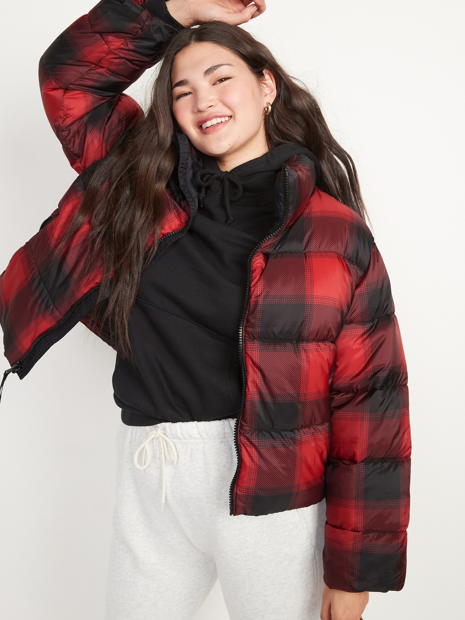 red plaid puffer jacket