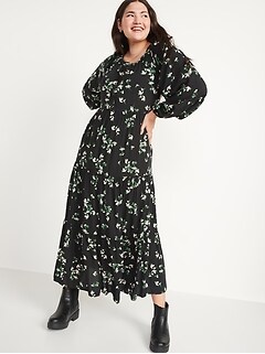Long-Sleeve Tiered Floral Midi Swing Dress for Women