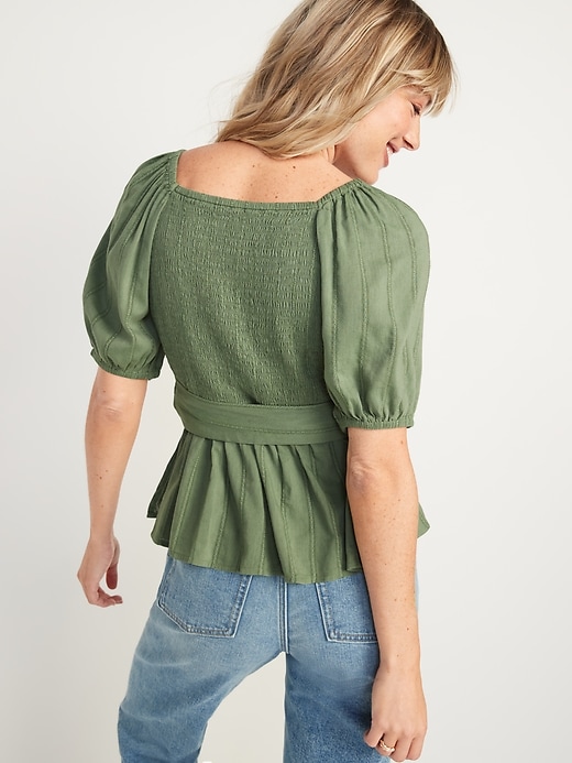 Image number 6 showing, Puff-Sleeve Smocked Dobby-Stripe Wrap Blouse for Women