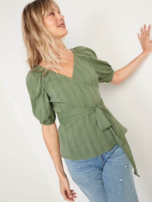 Image number 5 showing, Puff-Sleeve Smocked Dobby-Stripe Wrap Blouse for Women