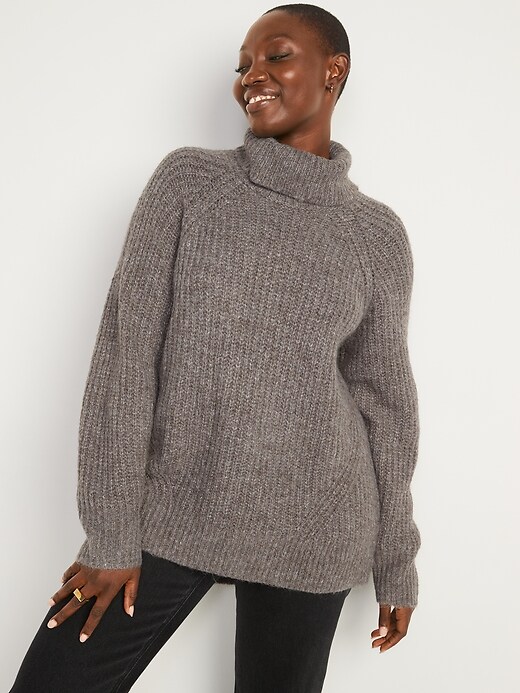 View large product image 1 of 1. Long-Sleeve Shaker-Stitch Turtleneck Tunic Sweater