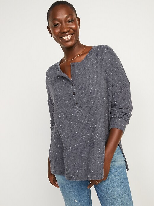 Long-Sleeve Waffle-Knit Henley Tunic 