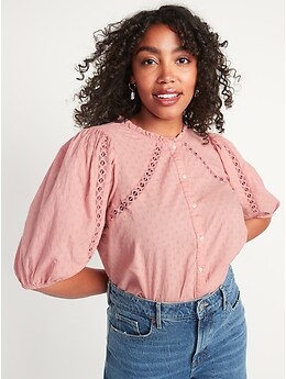 Puff-Sleeve Lace-Trim Clip-Dot Blouse for Women