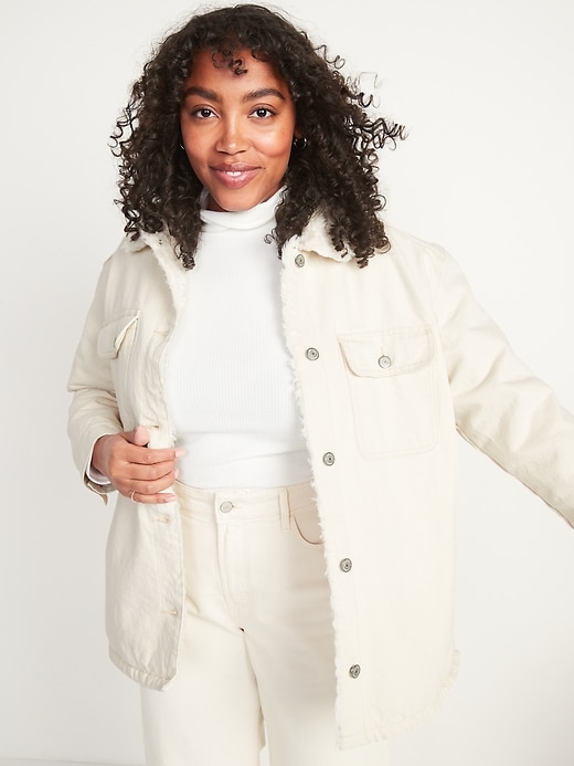 Image number 1 showing, Sherpa-Lined White Jean Shacket for Women