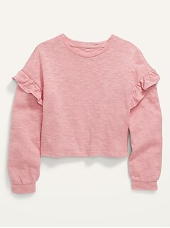 Long-Sleeve Ruffle-Trimmed Mélange Cropped Sweater for Girls
