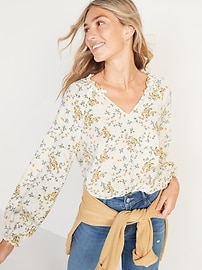View large product image 3 of 3. Floral-Print Split-Neck Poet Blouse for Women