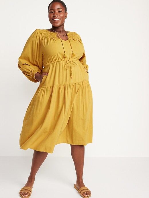 Waist-Defined Crinkle-Textured Long-Sleeve Midi Dress for Women | Old Navy