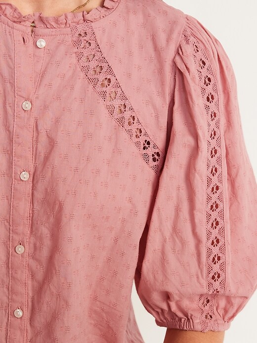 Image number 3 showing, Puff-Sleeve Lace-Trim Clip-Dot Blouse for Women