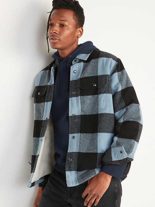 Image number 1 showing, Plaid Wool-Blend Sherpa-Lined Shirt Jacket for Men