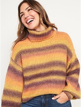 Striped Shaker-Stitch Turtleneck Sweater for Women