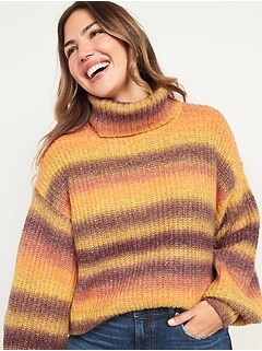 Striped Shaker-Stitch Turtleneck Sweater for Women