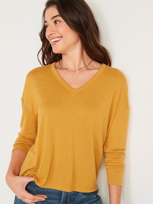 Image number 1 showing, Oversized Cozy-Knit V-Neck Long-Sleeve T-Shirt for Women