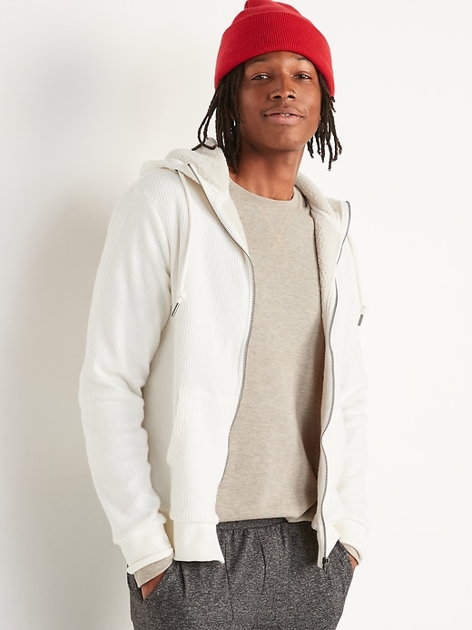 View large product image 1 of 1. Cozy Sherpa-Lined Rib-Knit Zip Hoodie