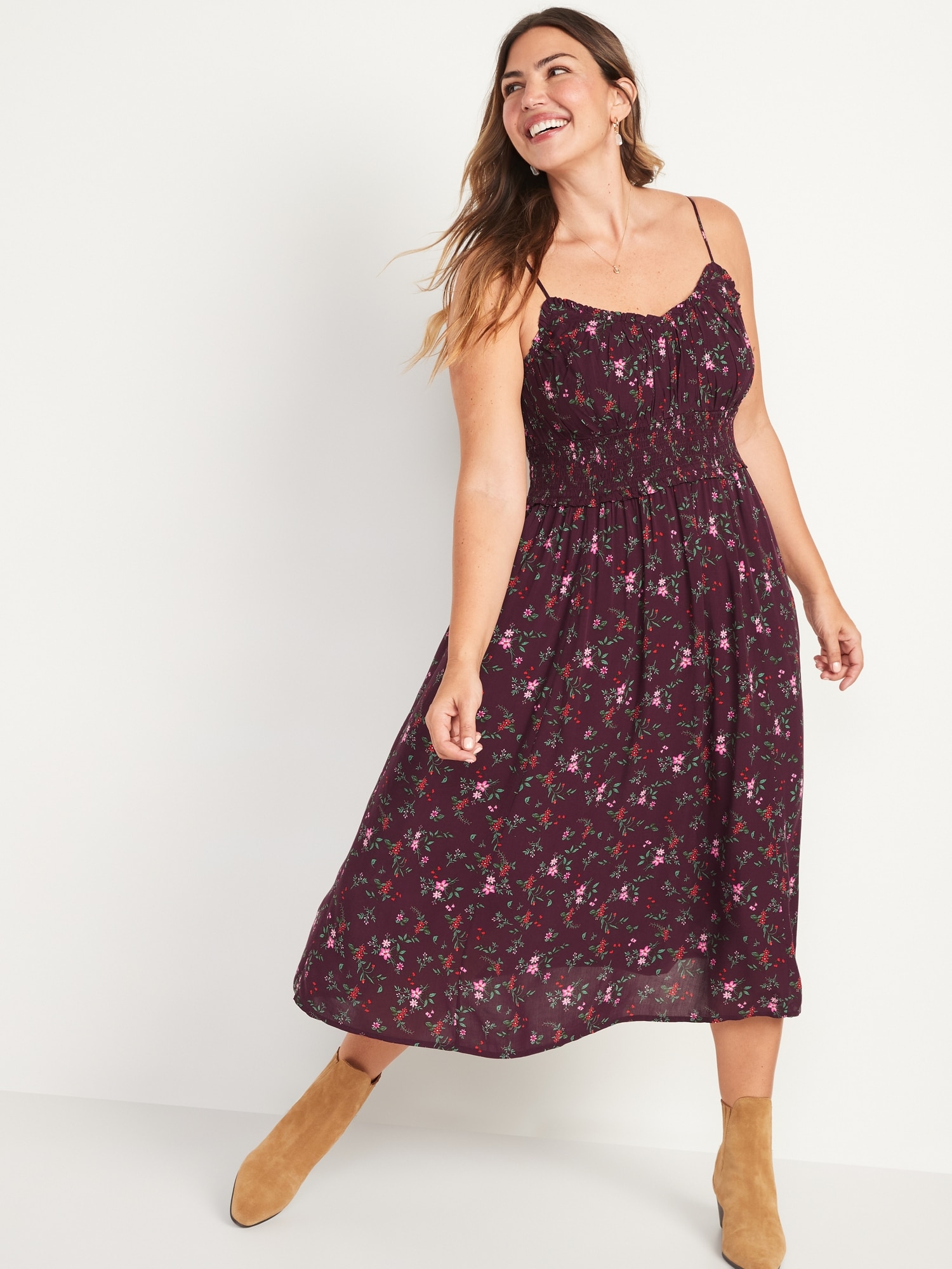 Sleeveless Fit & Flare Smocked Floral-Print Midi Cami Dress for