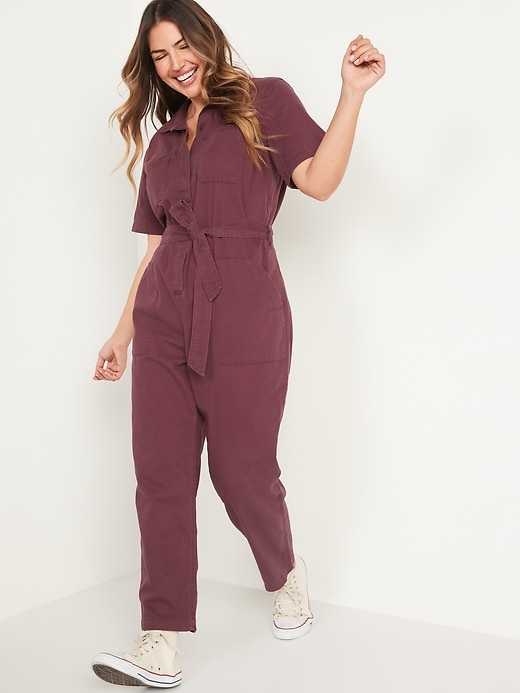 Image number 1 showing, Overdyed Tie-Belt Twill Jumpsuit for Women
