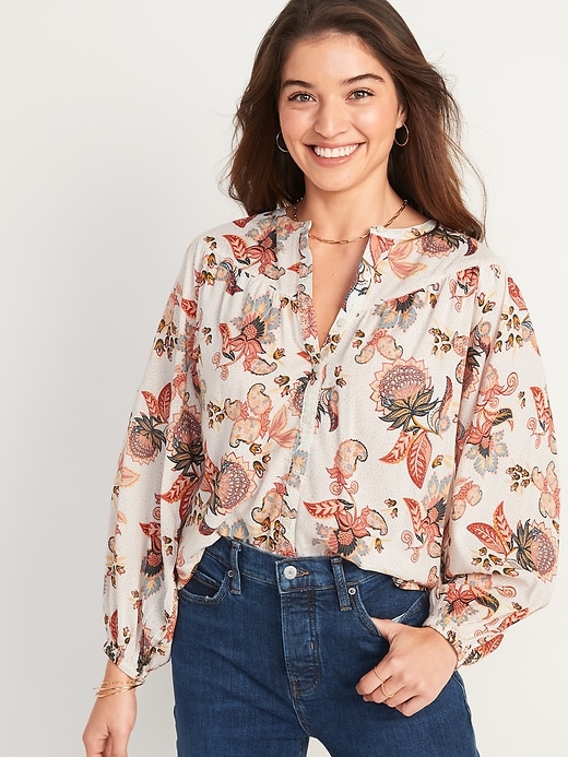 Image number 5 showing, Oversized Floral-Print Long-Sleeve Blouse for Women