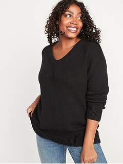 Oversized Voop-Neck Cotton Tunic Sweater for Women