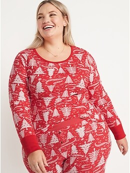 Matching Printed Thermal-Knit Long-Sleeve Pajama Top for Women