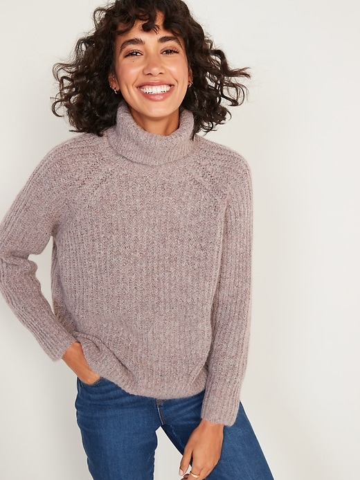Shaker-Stitch Tunic-Length Turtleneck Sweater for Women