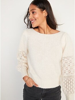 Boat-Neck Pointelle-Knit Sweater for Women