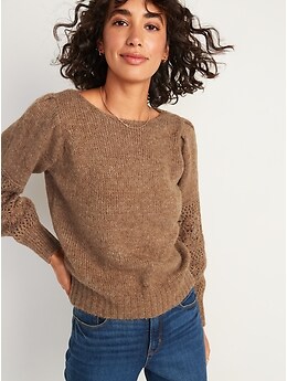 Boat-Neck Heathered Pointelle-Knit Sweater for Women