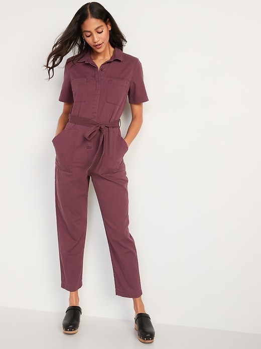 Image number 5 showing, Overdyed Tie-Belt Twill Jumpsuit for Women