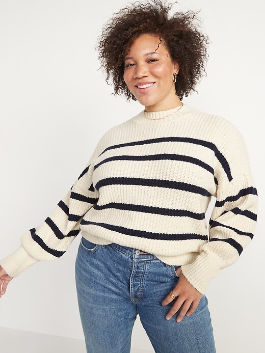 Image number 1 showing, Mock-Neck Striped Shaker-Stitch Sweater for Women