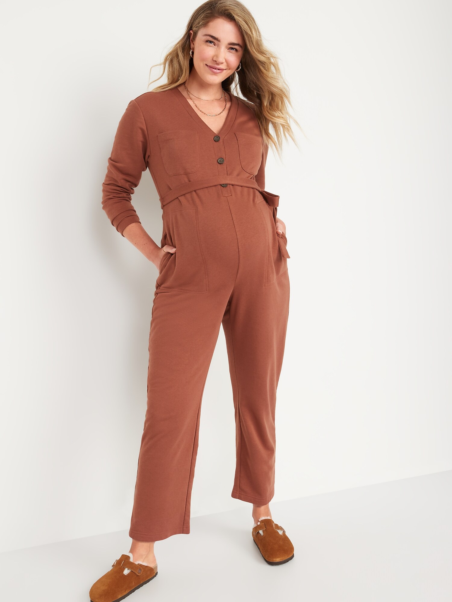 Maternity Button-Front Terry Jumpsuit