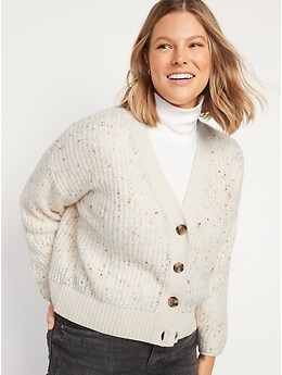 Cozy Shaker-Stitch Button-Front Speckled Cardigan Sweater for Women