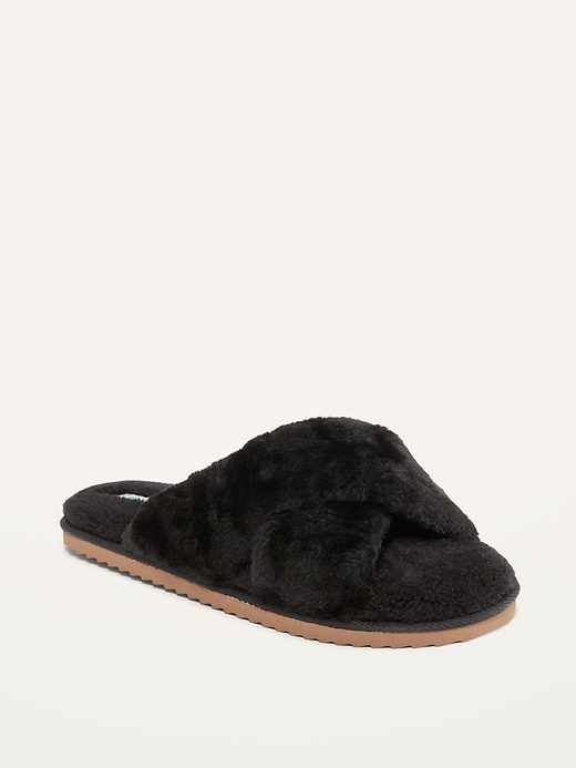Image number 1 showing, Cozy Faux-Fur Cross-Strap Slippers for Women