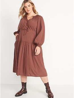 Waist-Defined Crinkle-Textured Long-Sleeve Midi Dress for Women