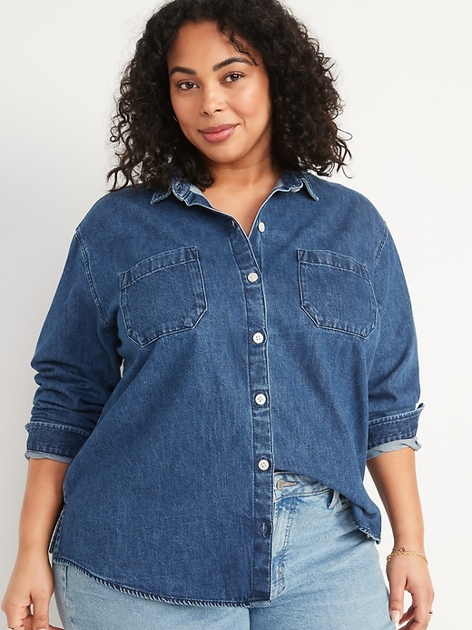 Image number 7 showing, Oversized Boyfriend Medium-Wash Jean Shirt for Women