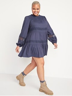 Long-Sleeve Pintucked Clip-Dot Mini Swing Dress for Women