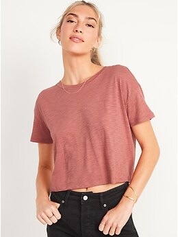 Short-Sleeve Crew-Neck Cropped Slub-Knit T-Shirt for Women