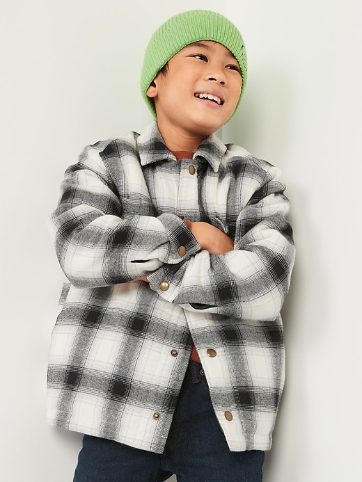 View large product image 1 of 3. Gender-Neutral Cozy Plaid Flannel Sherpa-Lined Shacket for Kids