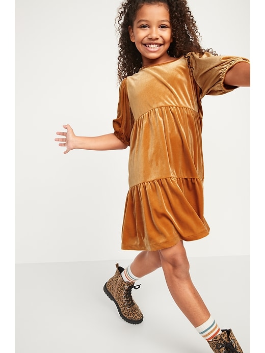 View large product image 1 of 2. Velvet Tiered Puff-Sleeve Dress for Girls