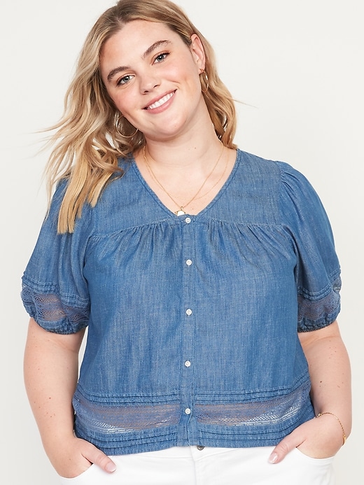 Image number 7 showing, Puff-Sleeve Oversized Lace-Trimmed Chambray Swing Blouse for Women