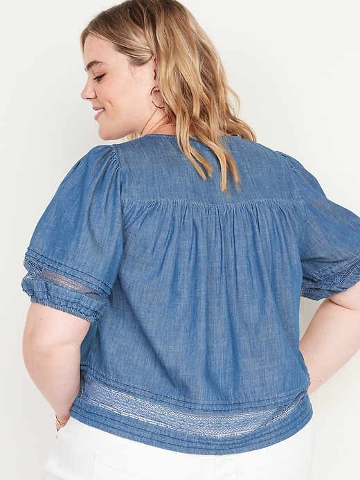 Image number 8 showing, Puff-Sleeve Oversized Lace-Trimmed Chambray Swing Blouse for Women