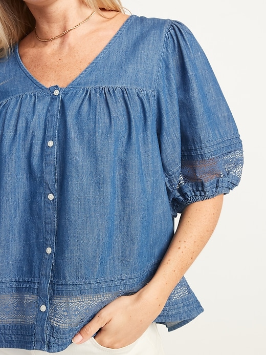 Image number 3 showing, Puff-Sleeve Oversized Lace-Trimmed Chambray Swing Blouse for Women