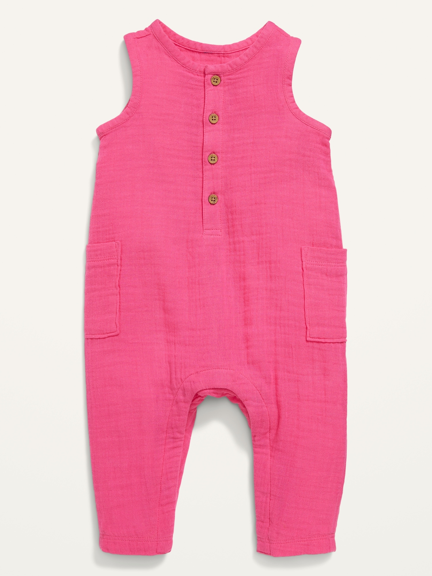 Unisex Double-Weave Sleeveless Henley One-Piece for Baby - Pink