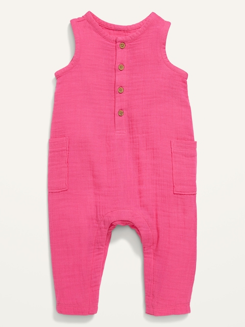 Unisex Double-Weave Sleeveless Henley One-Piece for Baby - Pink