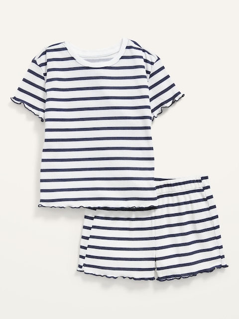 Rib-Knit Lettuce-Edge Printed Pajama Set for Girls