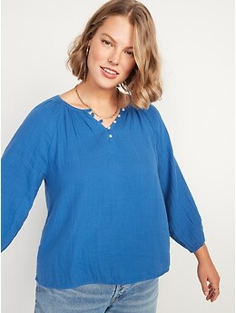 Shirred Double-Weave Long-Sleeve Blouse for Women