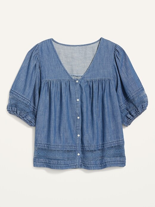 Image number 4 showing, Puff-Sleeve Oversized Lace-Trimmed Chambray Swing Blouse for Women