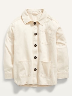 Oversized Ecru-Wash Jean Chore Jacket for Girls