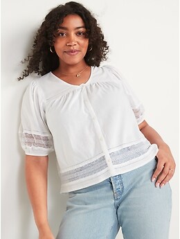 Oversized Lace-Trim Button-Front Blouse for Women